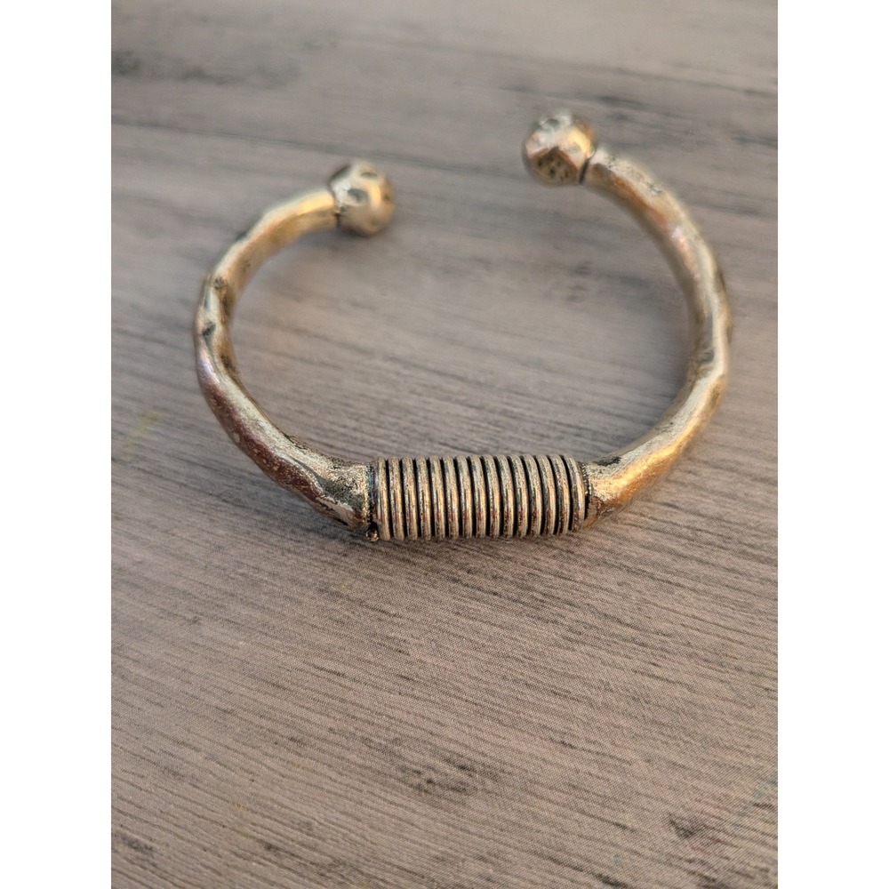 Mens Tribal Torque Cuff Bracelet Hammered Silver Tone Coiled Wire Wrap Detail